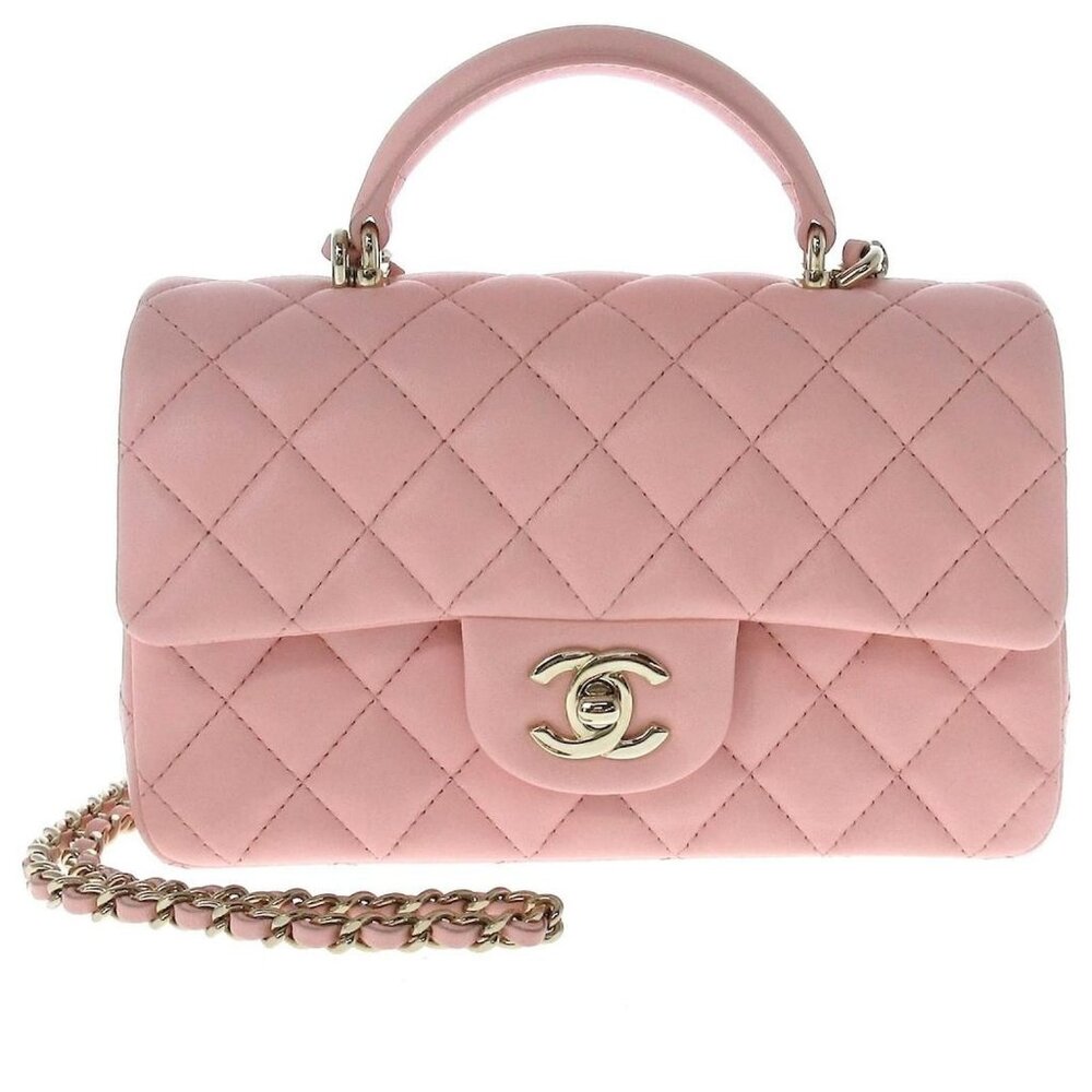Authentic CHANEL Lambskin Quilted Mini Top Handle Rectangular Flap Bag Pink - Picture 2 of 11